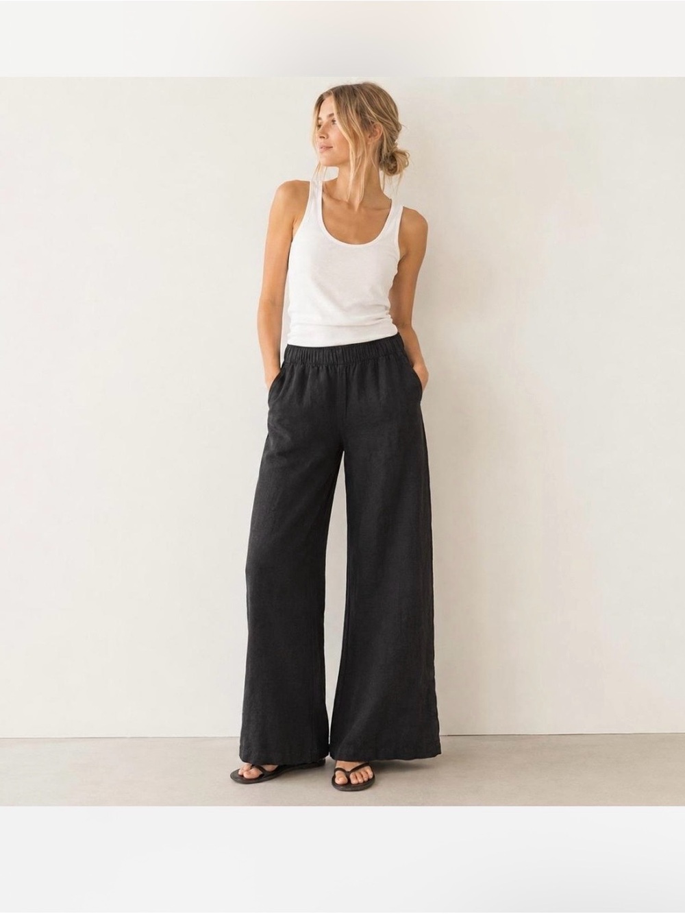 Old Navy Women's Black Wide-Leg Pull-On Pants Linen Blend High Rise XL